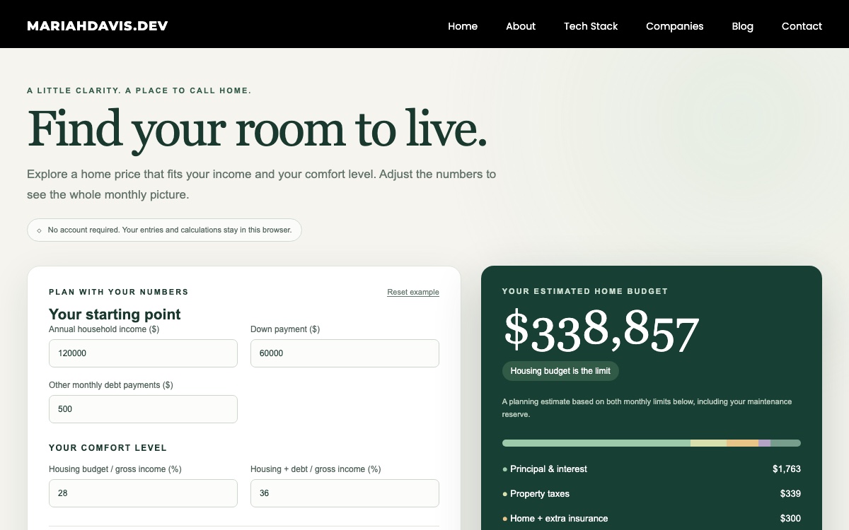 Home Budget affordability calculator showing an estimated home budget and monthly cost breakdown