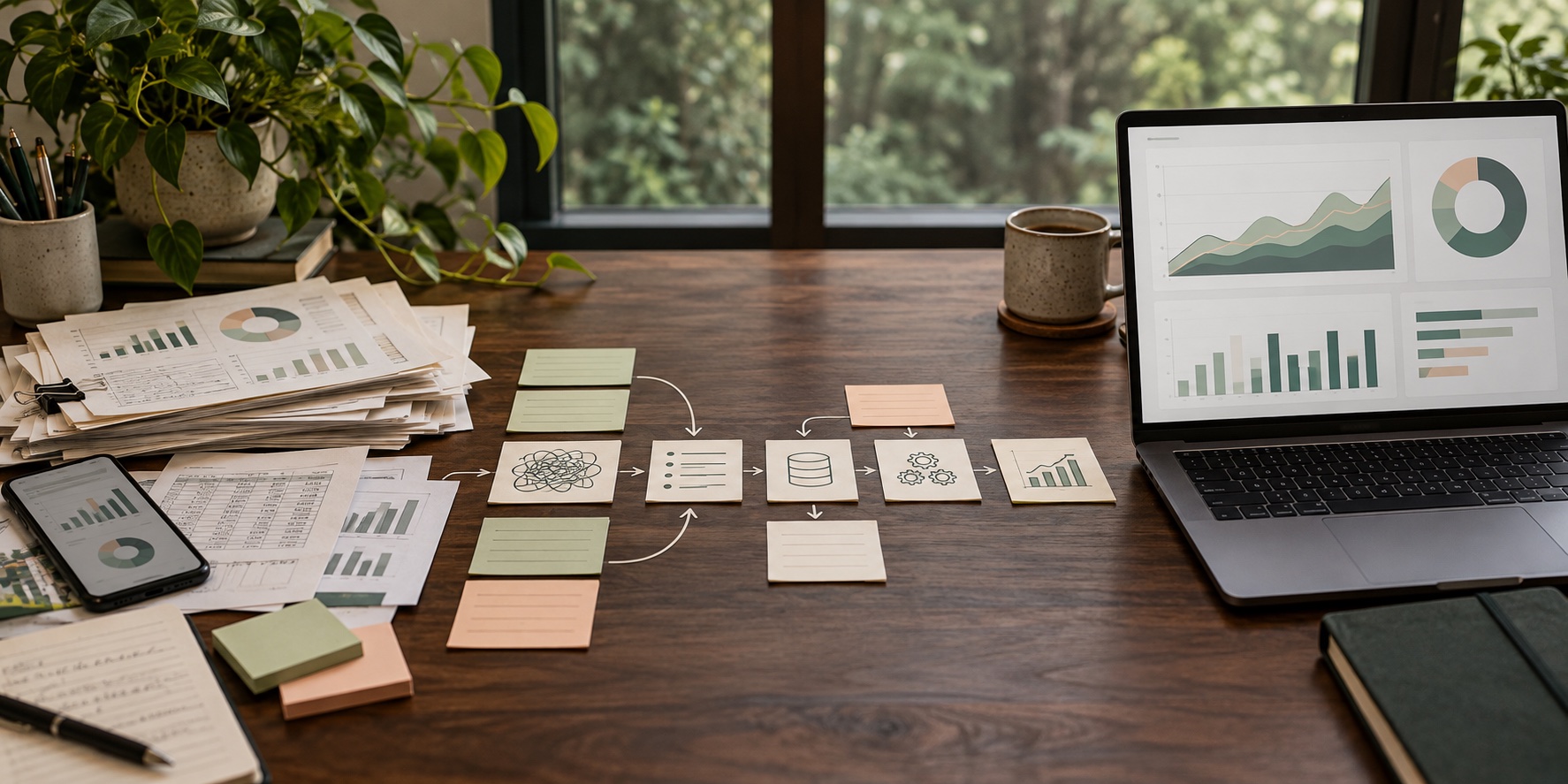 Natural workspace showing scattered marketing reports organized into a clean data pipeline and dashboard